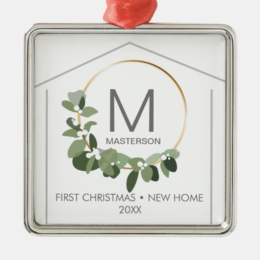 Monogram Eerste Kerstmis in ons Nieuwe Huis Metalen Ornament (Voorkant)