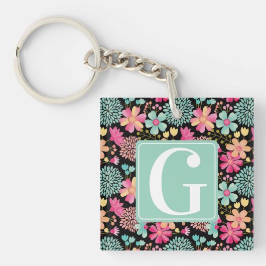 Monogram Eerste Letter Bloemenschildering Sleutelh Sleutelhanger (Voorkant)
