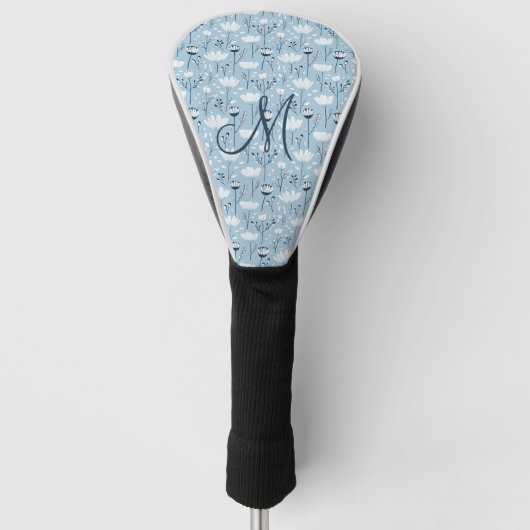Monogram Eerste Letter Boho Blauw Wit Bloemen Tren Golfheadcover (Voorkant)