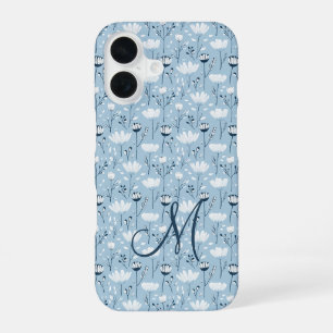 Monogram Eerste Letter Boho Blauw Wit Bloemen Tren iPhone 16 Hoesje