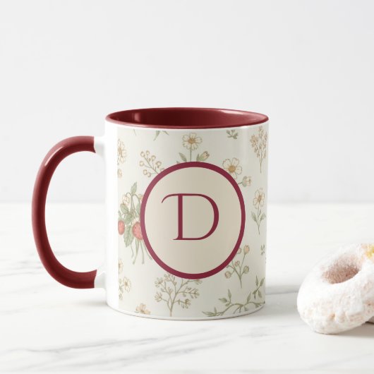 Monogram Eerste Letter Boho Willow & Aardbeien Cad Mok (Met donut)