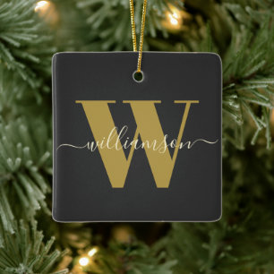Monogram Eerste Letter Familienaam Zwart Goud Kers Keramisch Ornament