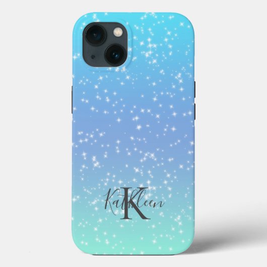 Monogram Eerste Letter Naam Blauw Groen Glitter Om Case-Mate iPhone Case (Achterkant)