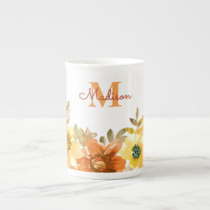 Monogram Eerste Letter Naam Oranje Waterverf Bloem Porselein Kop