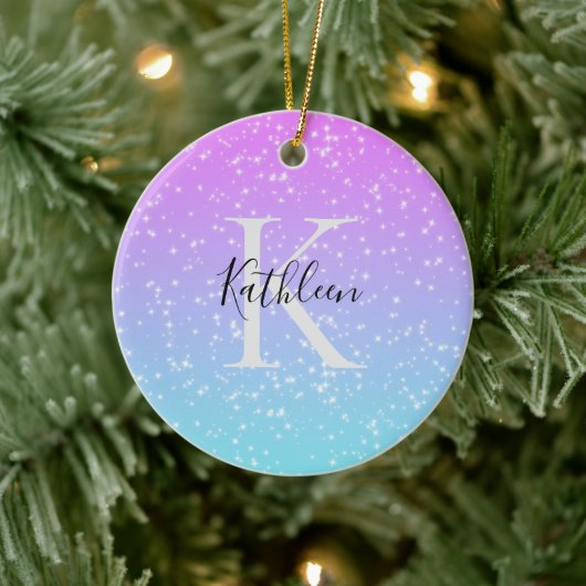Monogram Eerste Letter Naam Roze Blauwe Glitter Om Keramisch Ornament (Boom)