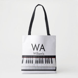 Monogram eerste letter naam tekst piano muziek tote bag