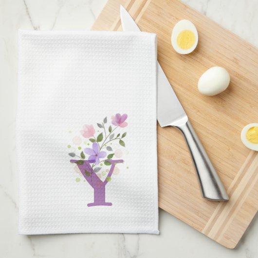 Monogram Eerste Letter Plus Bloemendesign Theedoek (Quarter Fold)