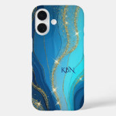 Monogram Eerste Letters Blauwe Gouden Glitters Case-Mate iPhone Case (Achterkant)