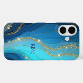 Monogram Eerste Letters Blauwe Gouden Glitters Case-Mate iPhone Case (Achterkant (horizontaal))