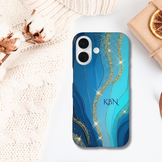 Monogram Eerste Letters Blauwe Gouden Glitters Case-Mate iPhone Case
