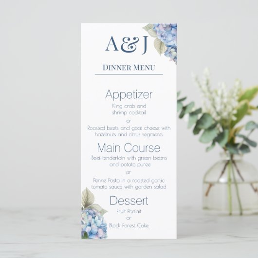 Monogram Eerste Letters Blauwe Hortensia Bloemen Menu (Staand voorkant)