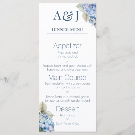 Monogram Eerste Letters Blauwe Hortensia Bloemen Menu (Voorkant)