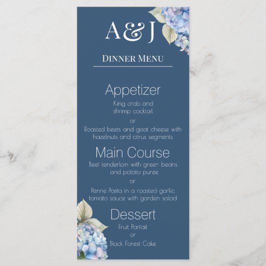 Monogram Eerste Letters Blauwe Hydrangeabloemen op Menu (Voorkant)