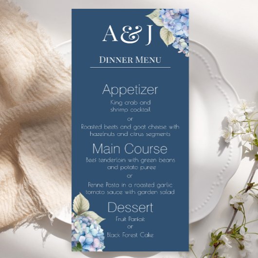 Monogram Eerste Letters Blauwe Hydrangeabloemen op Menu