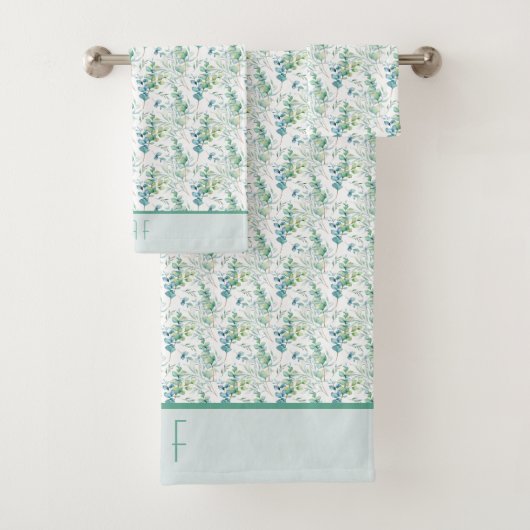 Monogram Eerste Letters Naam Eucalyptus Groene Tin Bad Handdoek (Insitu)