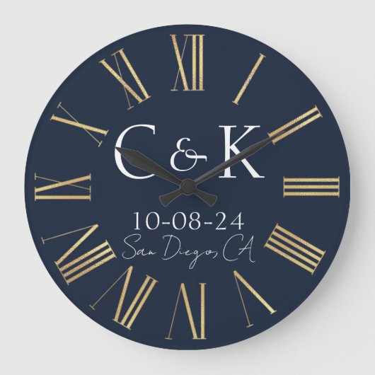 Monogram Eerste Letters Navyblauw Huwelijk Grote Klok (Voorkant)