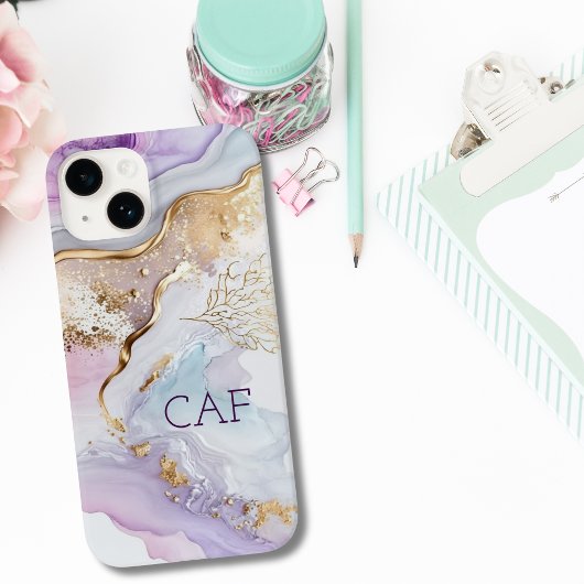 Monogram Eerste Letters Paars Blauw Goud Waterverf Case-Mate iPhone Case