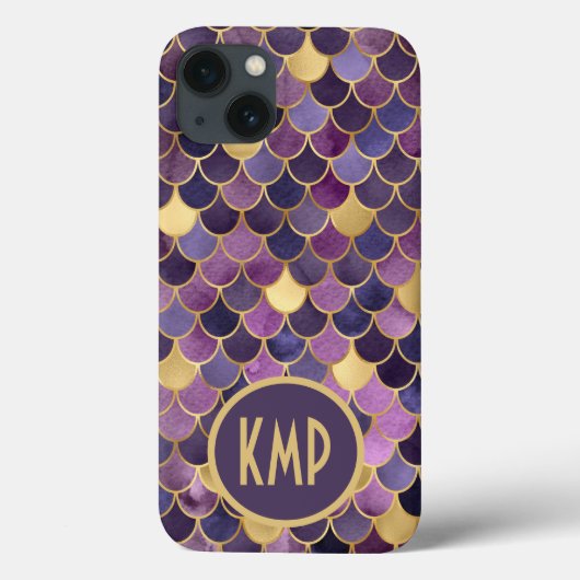 Monogram Eerste Letters Paars Goud Zeemeermin Schu Case-Mate iPhone Case (Achterkant)