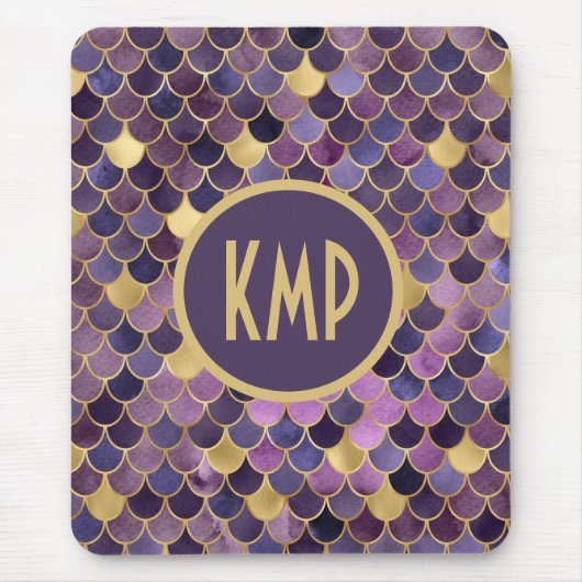 Monogram Eerste Letters Paars Goud Zeemeermin Schu Muismat (Voorkant)