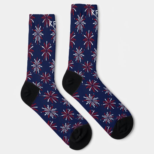 Monogram Eerste Letters Rood & Wit Vuurwerk op Bla Sokken (Rechts)