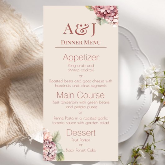 Monogram Eerste Letters Waterverf Hydrangea Bloeme Menu