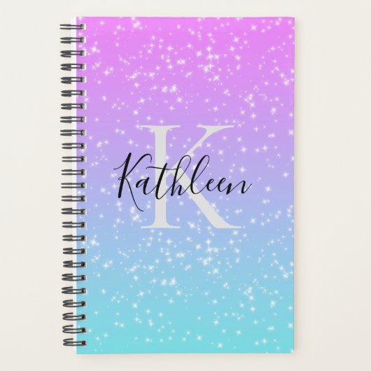Monogram Eerste Naam Roze Blauwe Glitter Meisjesac Planner (Voorkant)