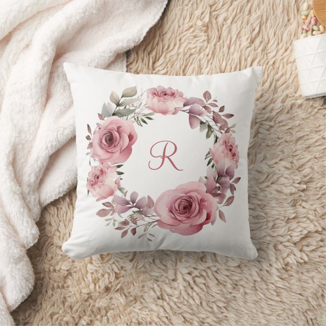 Monogram Eerste Roze Rozen Groene Waterverf  Kussen (Deken)