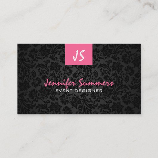 Monogram effen wit & zwart bloemdamast visitekaartje (Voorkant)