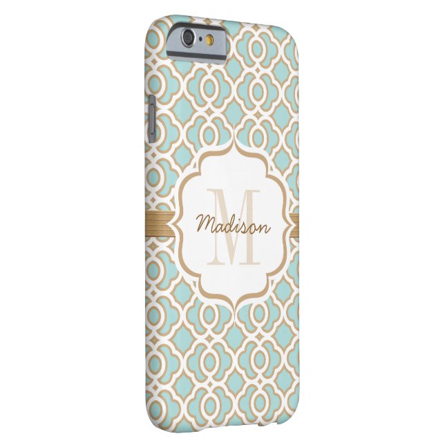 Monogram Eggshell Blue en Gold Quatrefoil Case-Mate iPhone Case (Achterkant/Rechts)