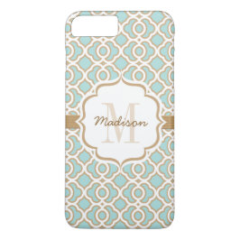 Monogram Eggshell Blue en Gold Quatrefoil iPhone 8/7 Plus Hoesje