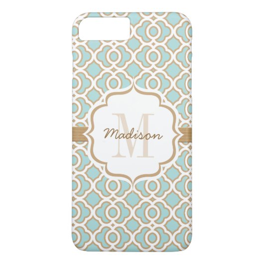 Monogram Eggshell Blue en Gold Quatrefoil Case-Mate iPhone Case (Achterkant)