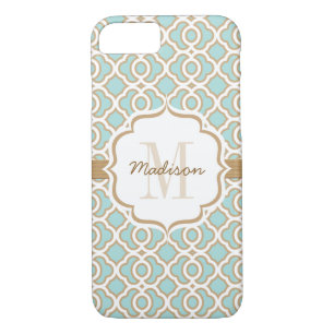 Monogram Eggshell Blue en Gold Quatrefoil Case-Mate iPhone Case