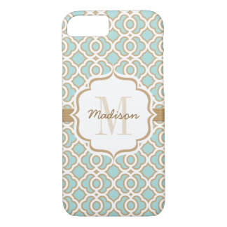 Monogram Eggshell Blue en Gold Quatrefoil Case-Mate iPhone Case