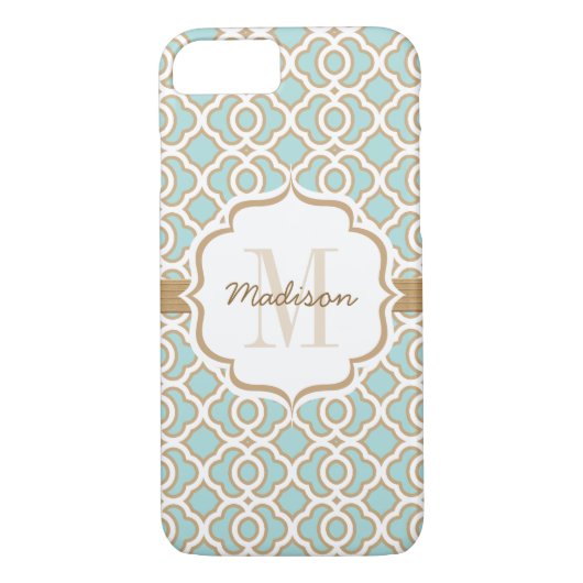 Monogram Eggshell Blue en Gold Quatrefoil Case-Mate iPhone Case (Achterkant)