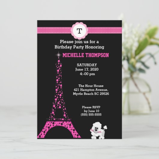 Monogram Eiffel Tower Birthday Uitnodiging (Staand voorkant)