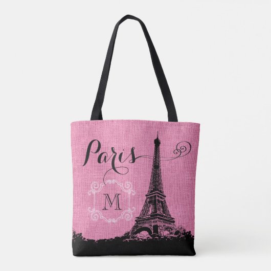 Monogram Eiffel Tower Pink Burlap Tote Bag (Achterkant)