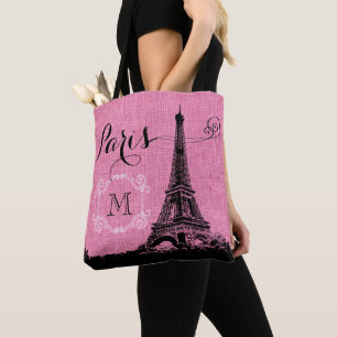 Monogram Eiffel Tower Pink Burlap Tote Bag