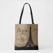 Monogram Eiffel Tower Tan Burlap Tote Bag (Voorkant)