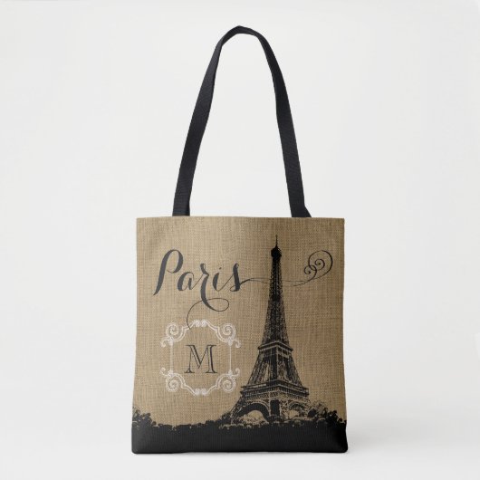 Monogram Eiffel Tower Tan Burlap Tote Bag (Voorkant)