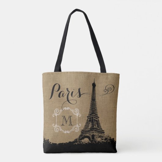 Monogram Eiffel Tower Tan Burlap Tote Bag (Achterkant)