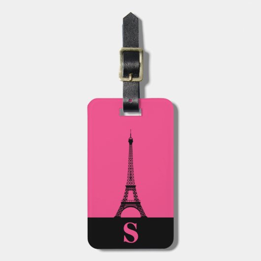 Monogram Eiffeltoren met streep / Frans roze Bagagelabel (Voorkant verticaal)