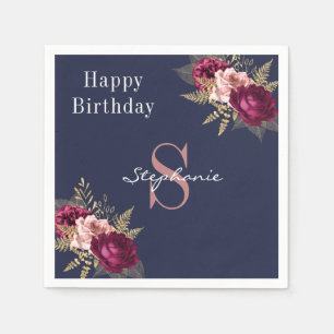 Monogram Eigen naam Burgundy Pink Gold Floral Servet