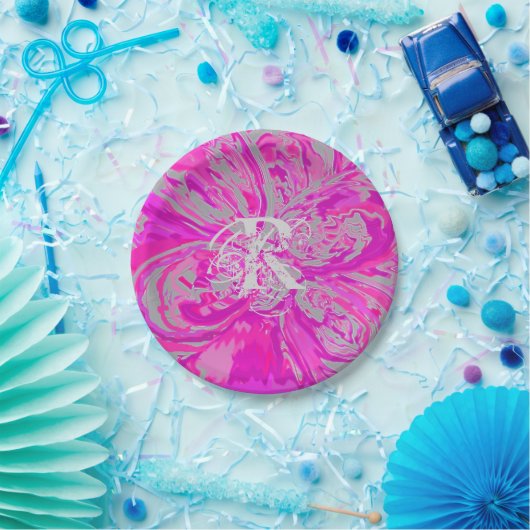 Monogram Elegant Abstract Fuchsia Pink Floral Papieren Bordje (Feest)