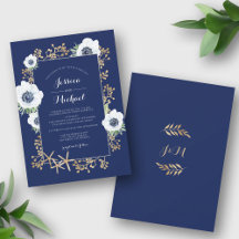 Monogram Elegant Anemone Flower Navy Blue Wedding