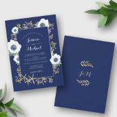 Monogram Elegant Anemone Flower Navy Blue Wedding Kaart