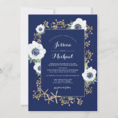 Monogram Elegant Anemone Flower Navy Blue Wedding Kaart (Voorkant)