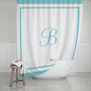 Monogram Elegant Aqua Blue Border Script Douchegordijn