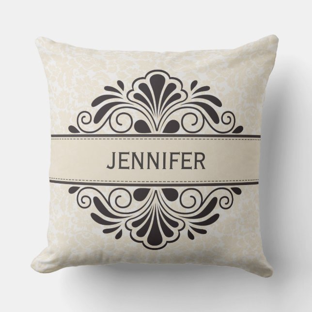 Monogram Elegant Beige  Damascus Black Lace Kussen (Voorkant)