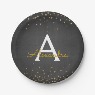 Monogram Elegant Black and Gold Foil Confetti Papieren Bordje