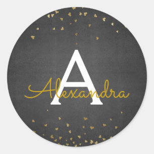 Monogram Elegant Black and Gold Foil Confetti Ronde Sticker